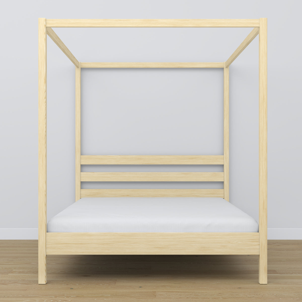 Lit double à baldaquin en bois pin incolore – tête de lit et cadre, gros plan