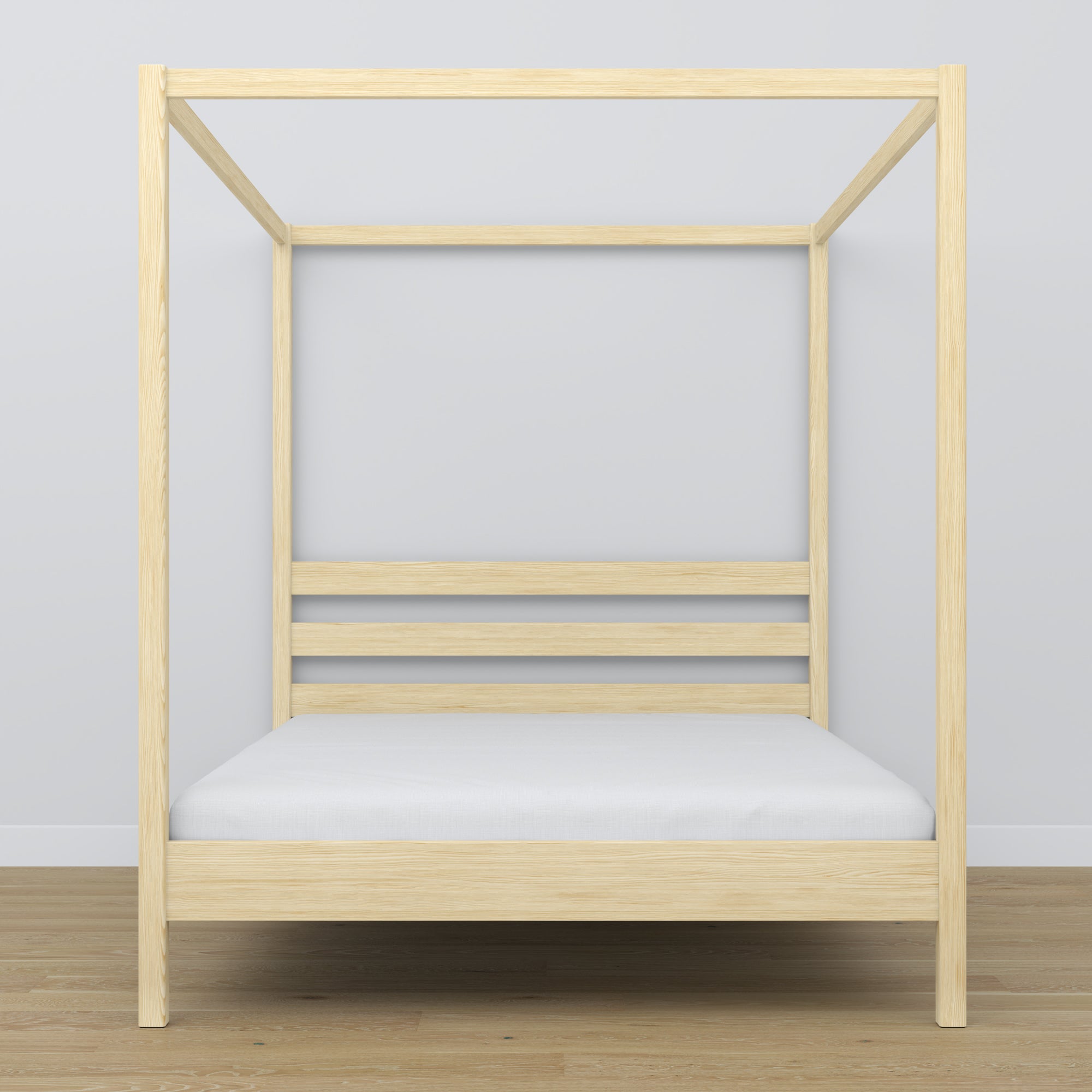 Lit double à baldaquin en bois pin incolore – tête de lit et cadre, gros plan