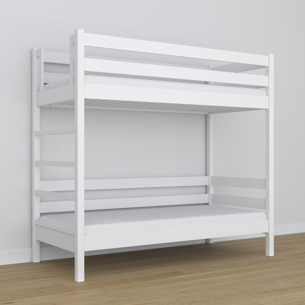 Lit superposé en bois blanc – gros plan sur les assemblages et détails du bois