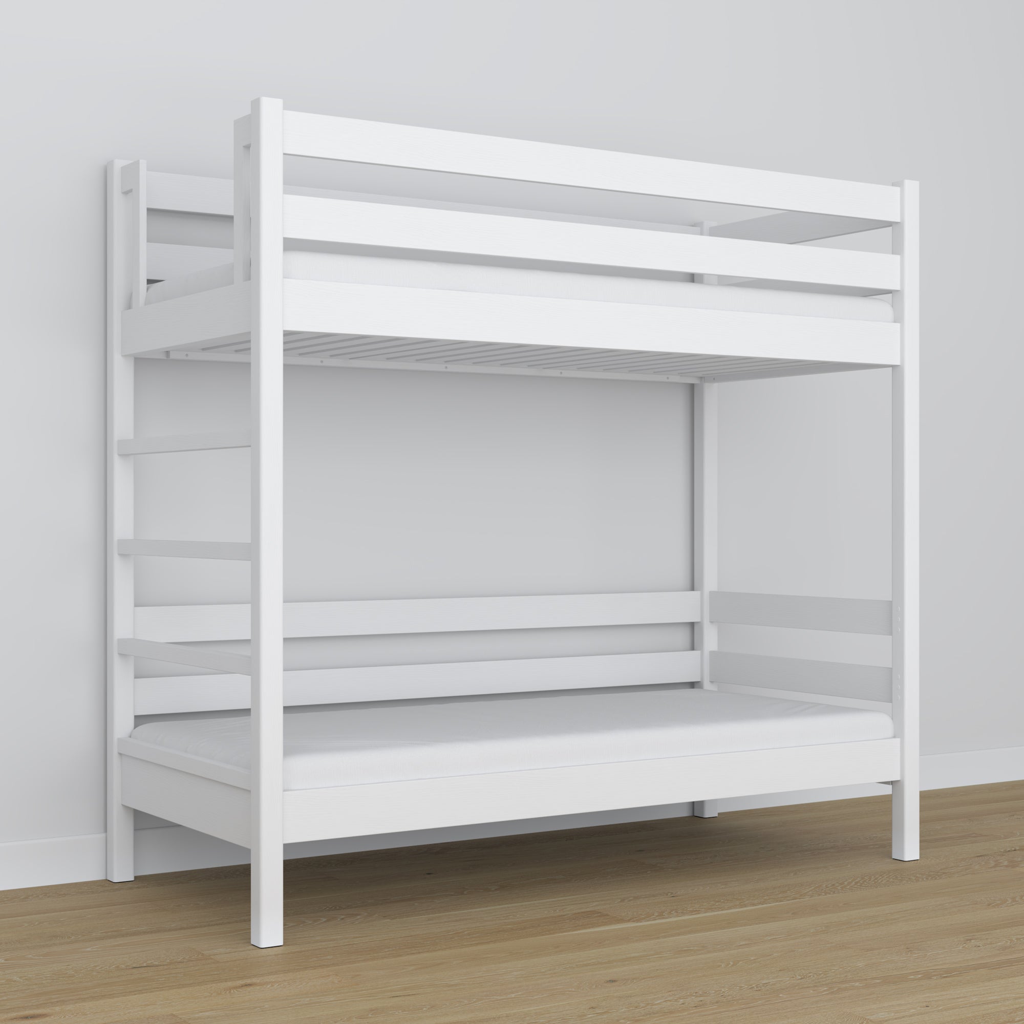 Lit superposé en bois blanc – gros plan sur les assemblages et détails du bois