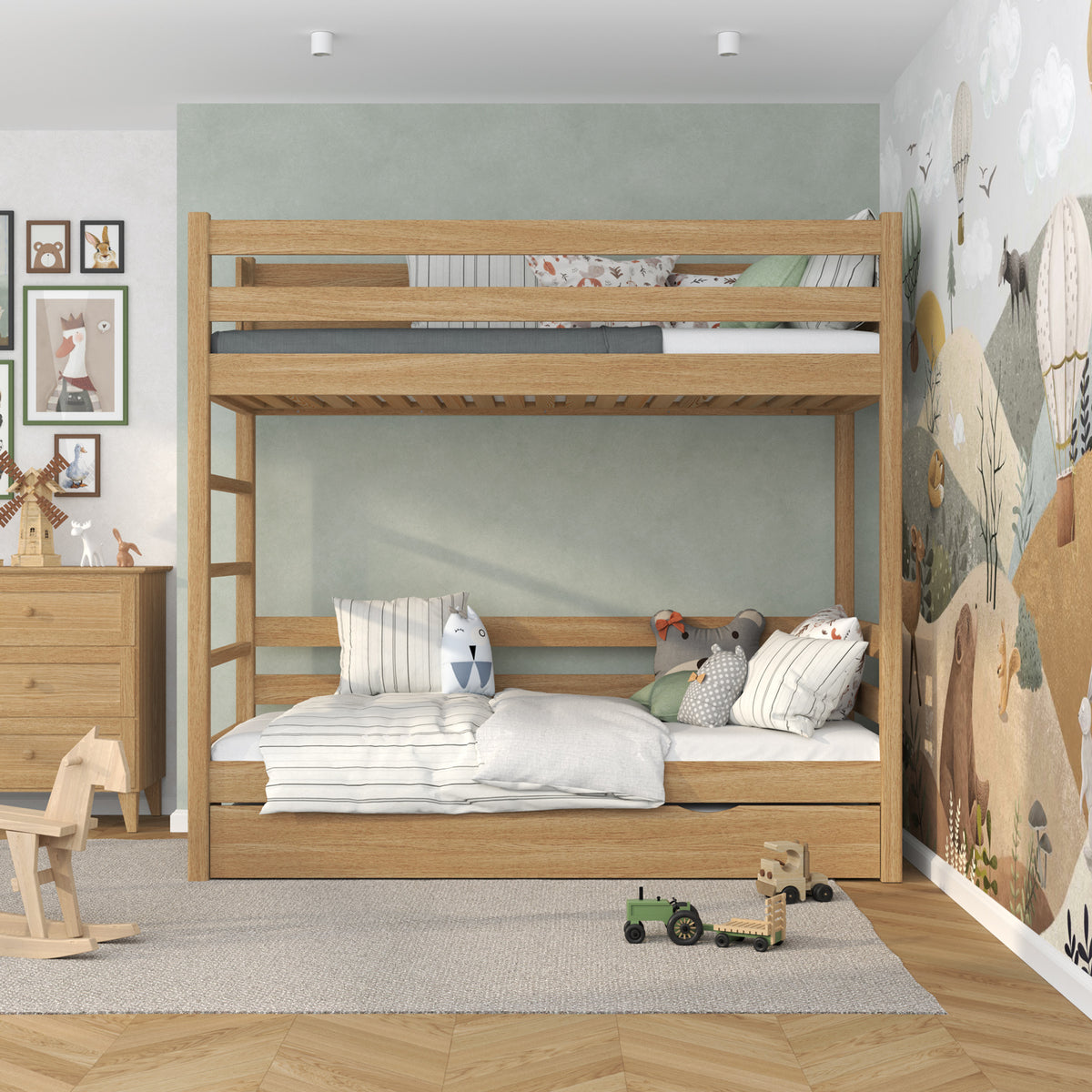 Lit superposé chêne naturel pour enfants – tiroir na matelas, en chêne, Nizio