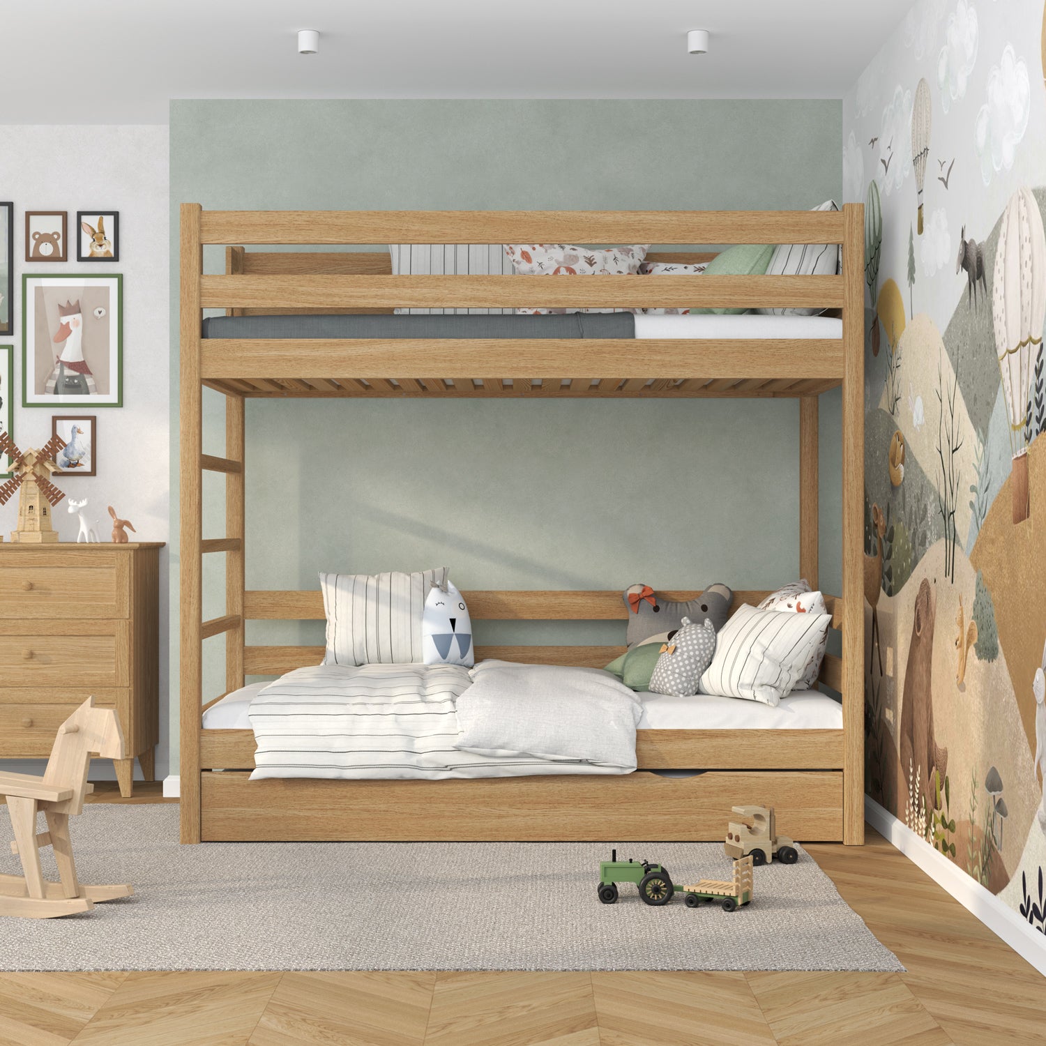 Lit superposé chêne naturel pour enfants – tiroir na matelas, en chêne, Nizio