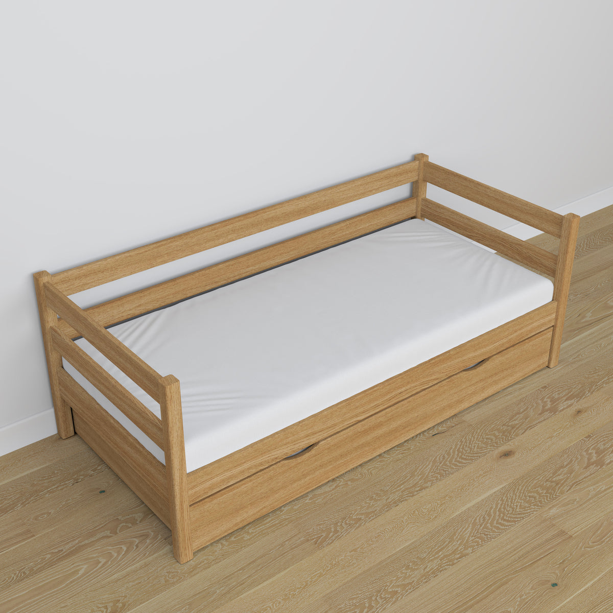 Łóżko sofa z szufladą na materac N01 dąb naturalny – widok z innej perspektywy, solidne drewno