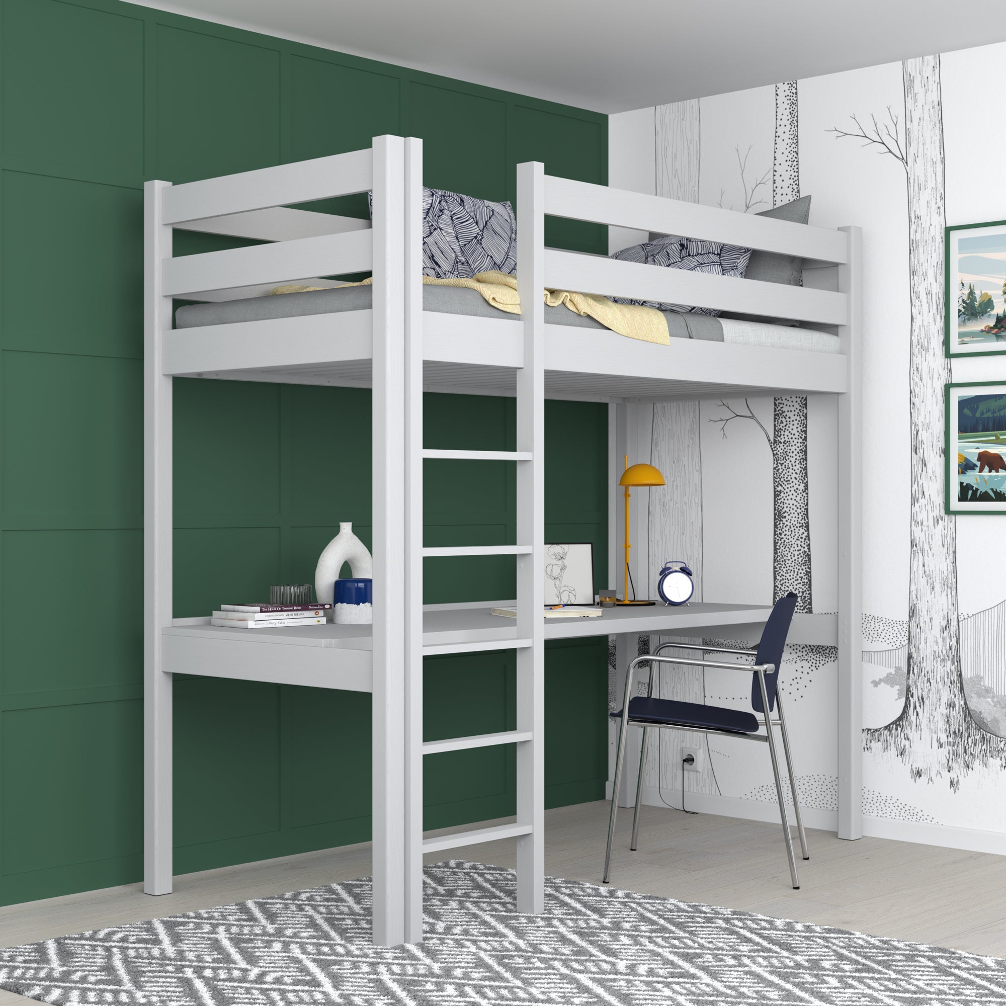 Lit mezzanine avec bureau en bois gris – échelle i barrière ochronna