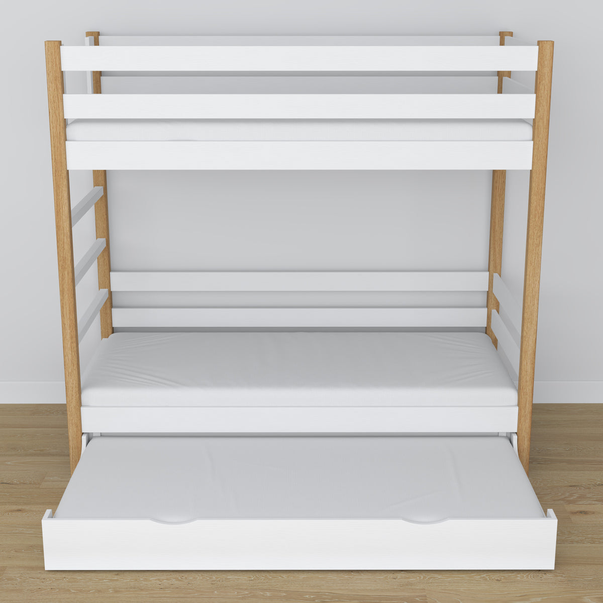 Lit superposé blanc-chêne – sommier en bois à lattes, tiroir na matelas