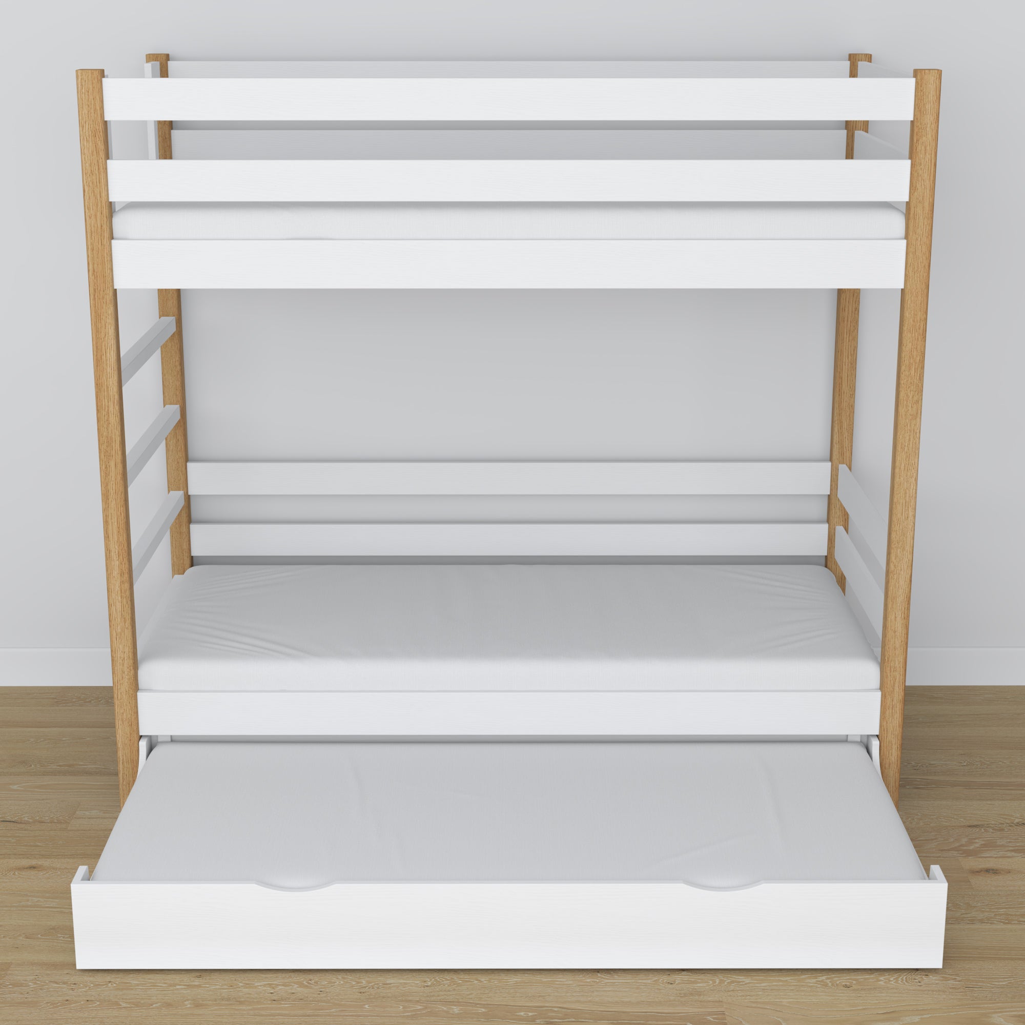 Lit superposé blanc-chêne – sommier en bois à lattes, tiroir na matelas