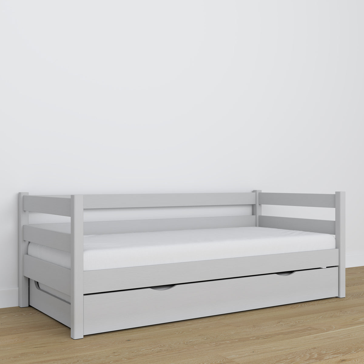 Sofa-lit gris – détails en bois, haute qualité Nizio