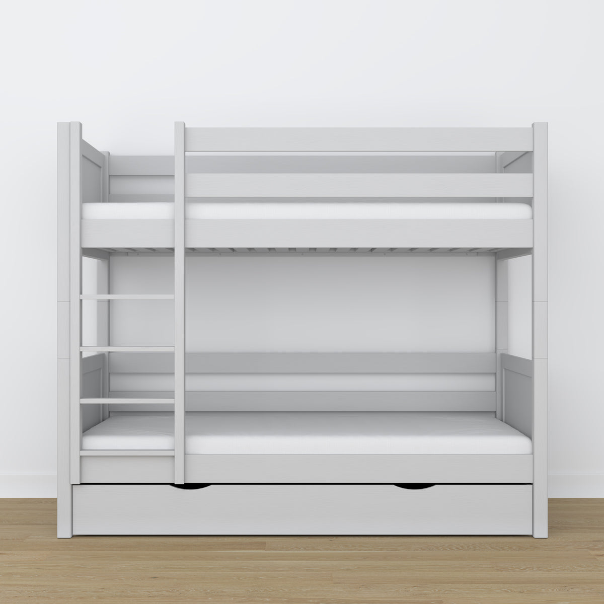 Lit superposé en bois gris – détails des assemblages et de l'échelle, chambre d'enfant