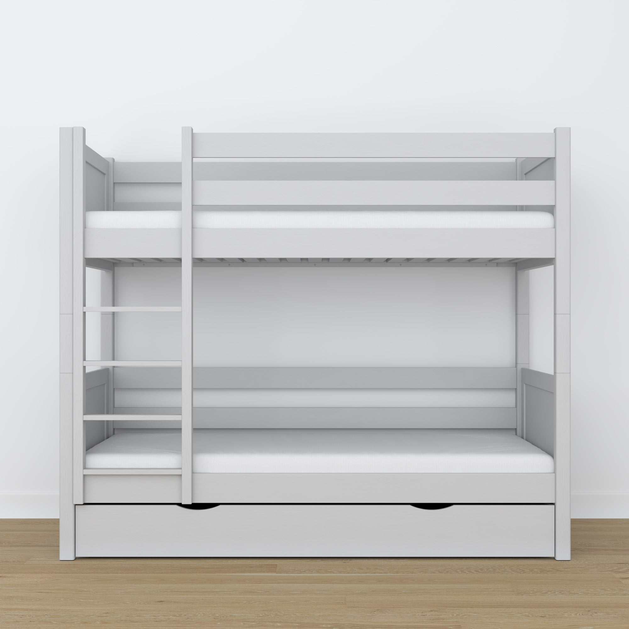 Lit superposé en bois gris – détails des assemblages et de l'échelle, chambre d'enfant