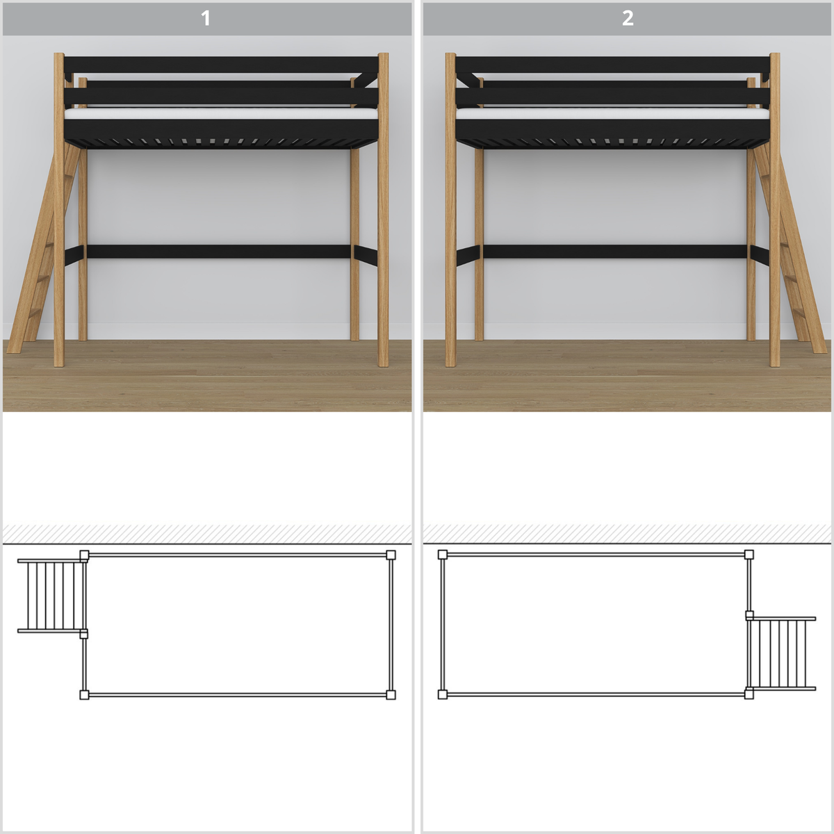 Lit mezzanine en bois noir-chêne – vue du dessus na espace couchage