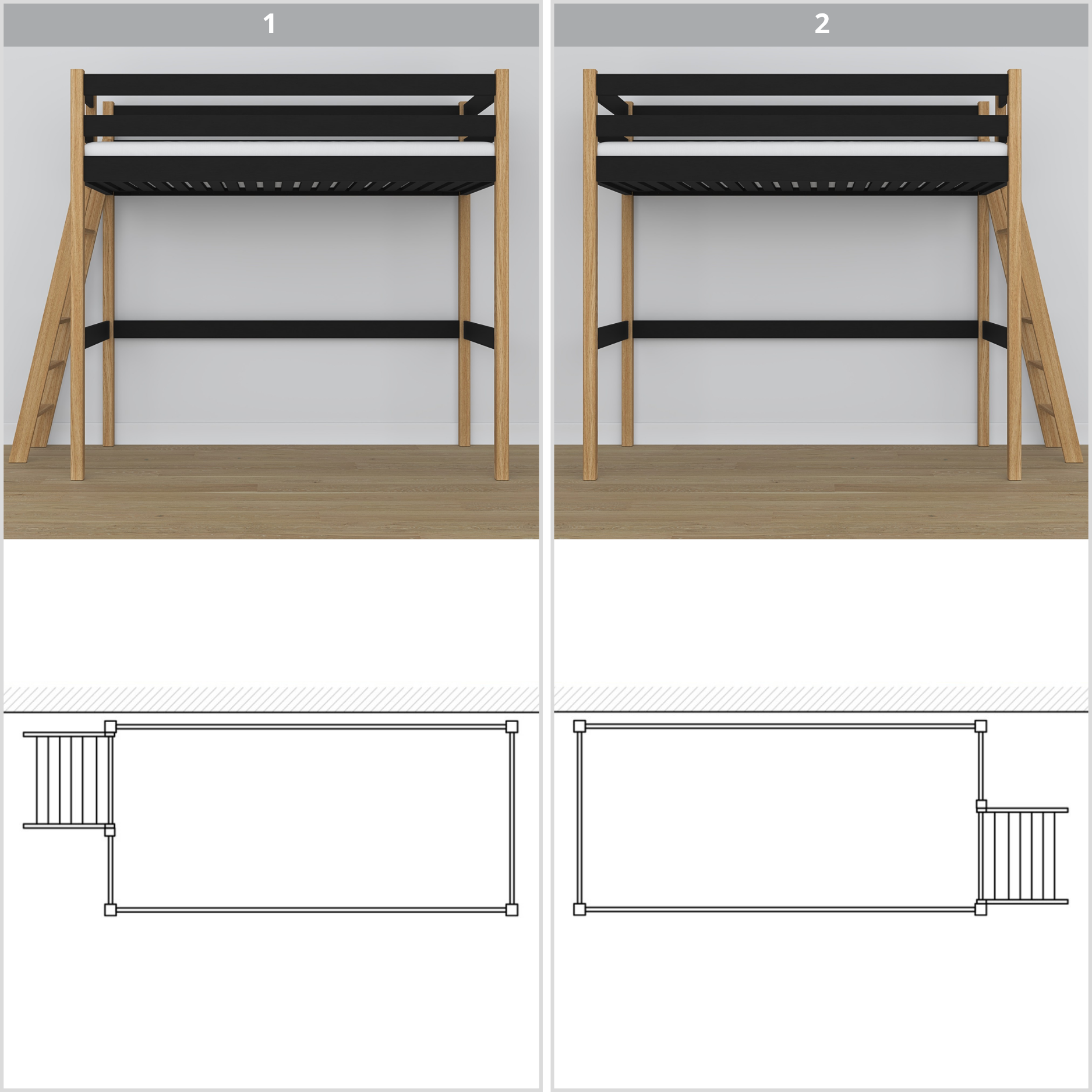Lit mezzanine en bois noir-chêne – vue du dessus na espace couchage