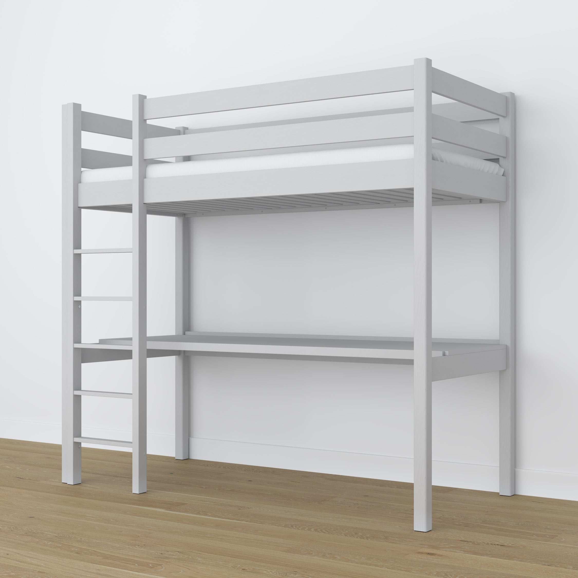 Lit mezzanine en bois gris avec bureau – sommier i lattes, Nizio