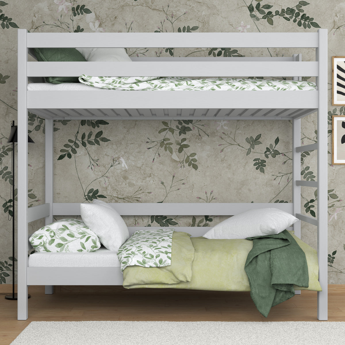 Lit superposé gris – échelle i barrière ochronna en bois, Nizio Home