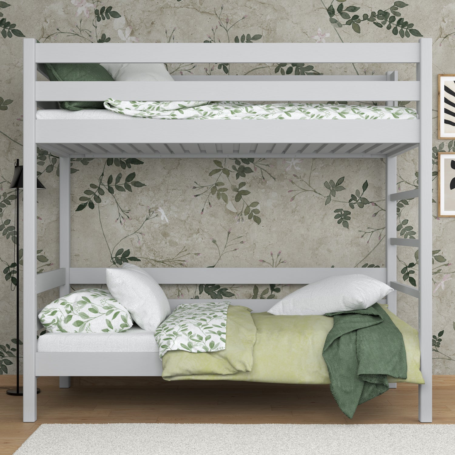 Lit superposé gris – échelle i barrière ochronna en bois, Nizio Home