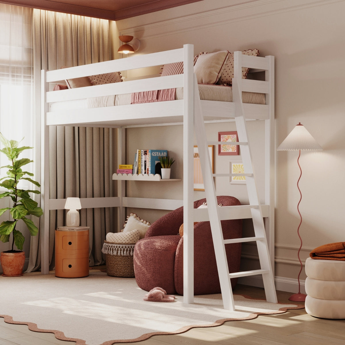 Lit mezzanine en bois blanc – espace libre sous la chambre, Nizio