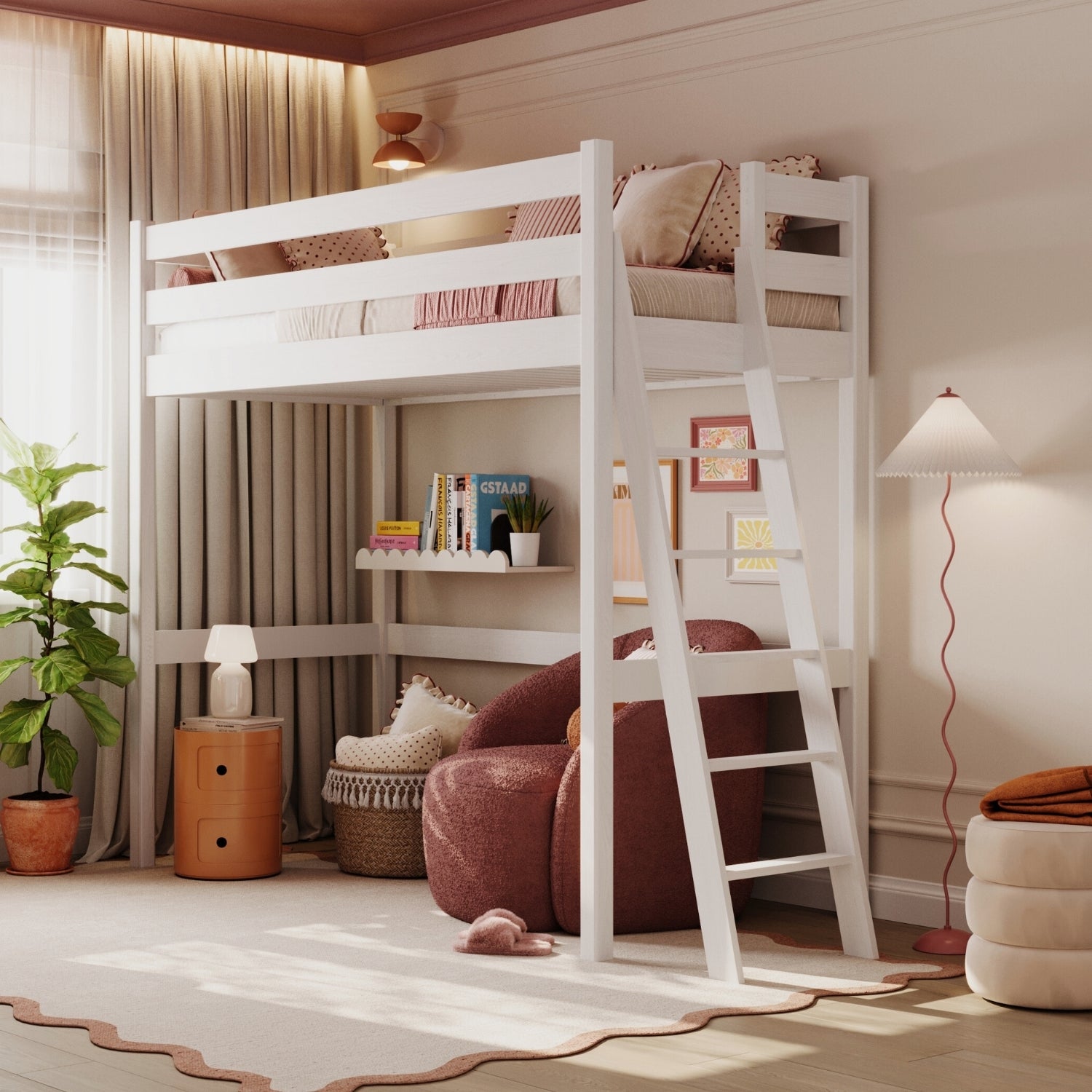 Lit mezzanine en bois blanc – espace libre sous la chambre, Nizio