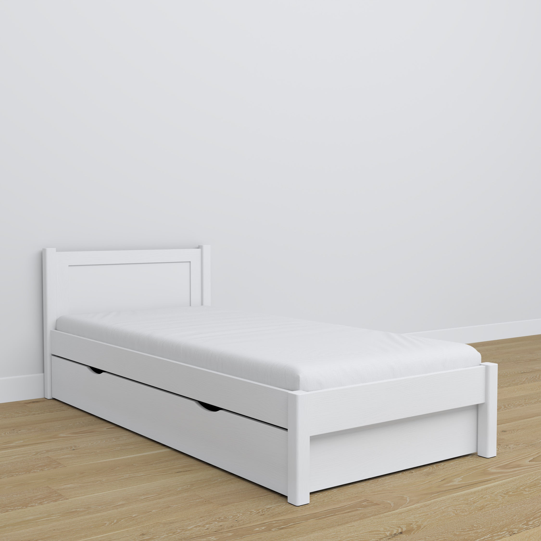 Lit avec tiroir en bois blanc – chambre d'enfant, décoration scandinave