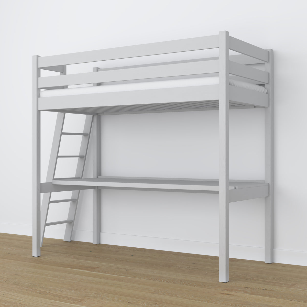 Lit mezzanine gris – bureau en bois pod chambre, chambre d'enfant scandinave