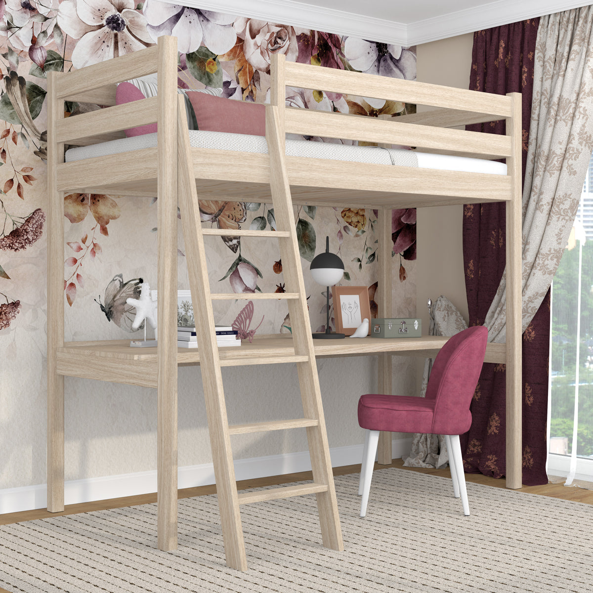 Lit mezzanine avec bureau en chêne chêne blanchi – échelle i barrière ochronna