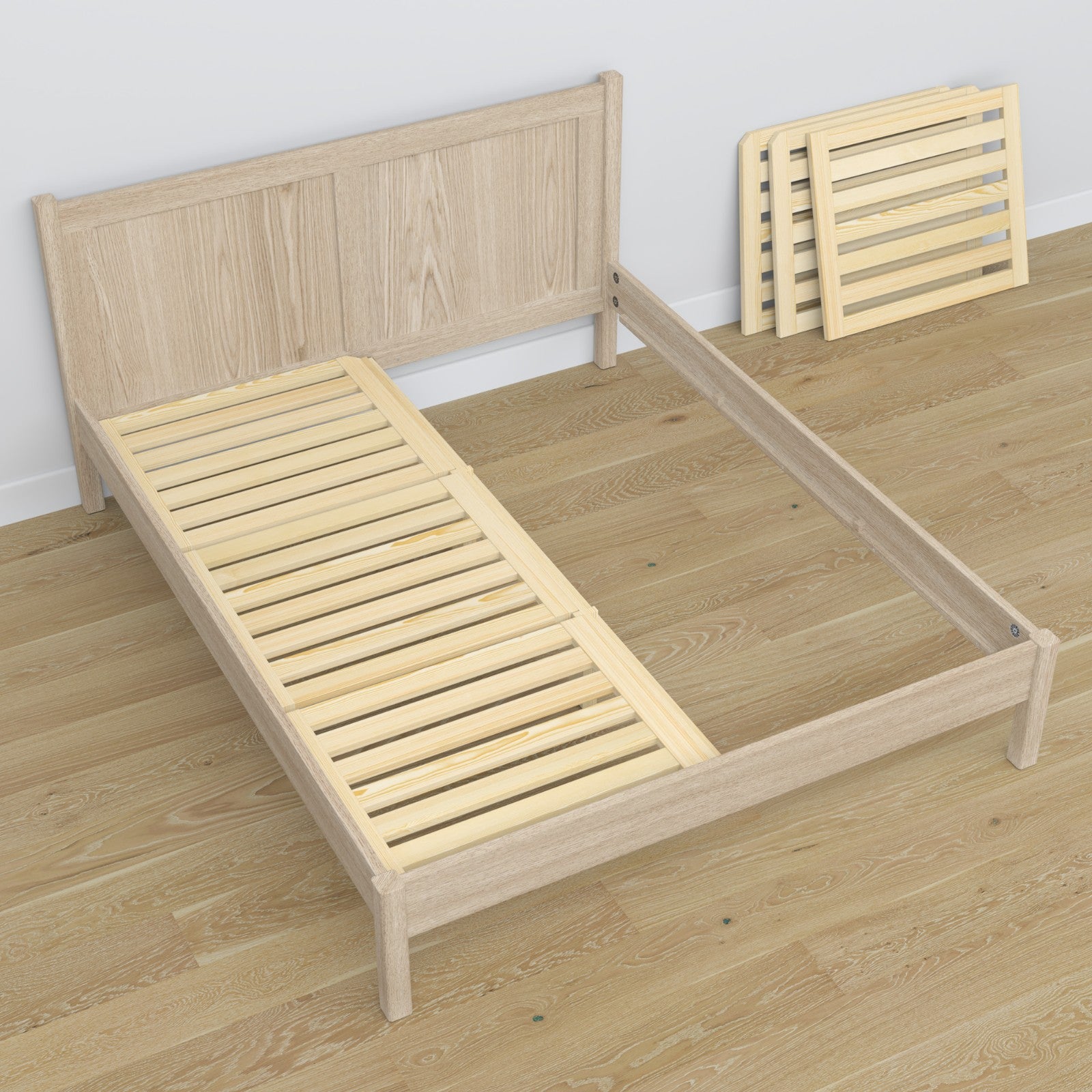 Lit double chêne blanchi – tête de lit arrière en chêne, Nizio Home
