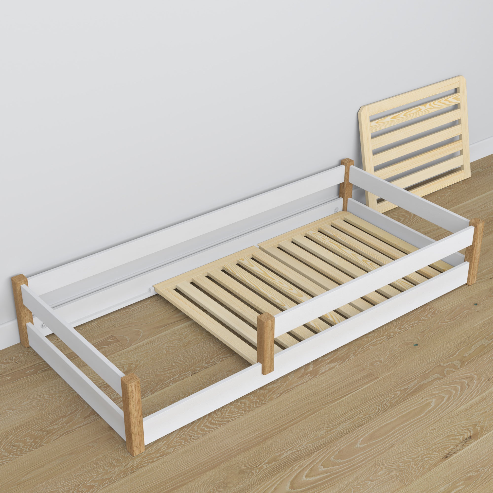 Lit bas en bois blanc-chêne – partie arrière et proportions, chambre scandinave