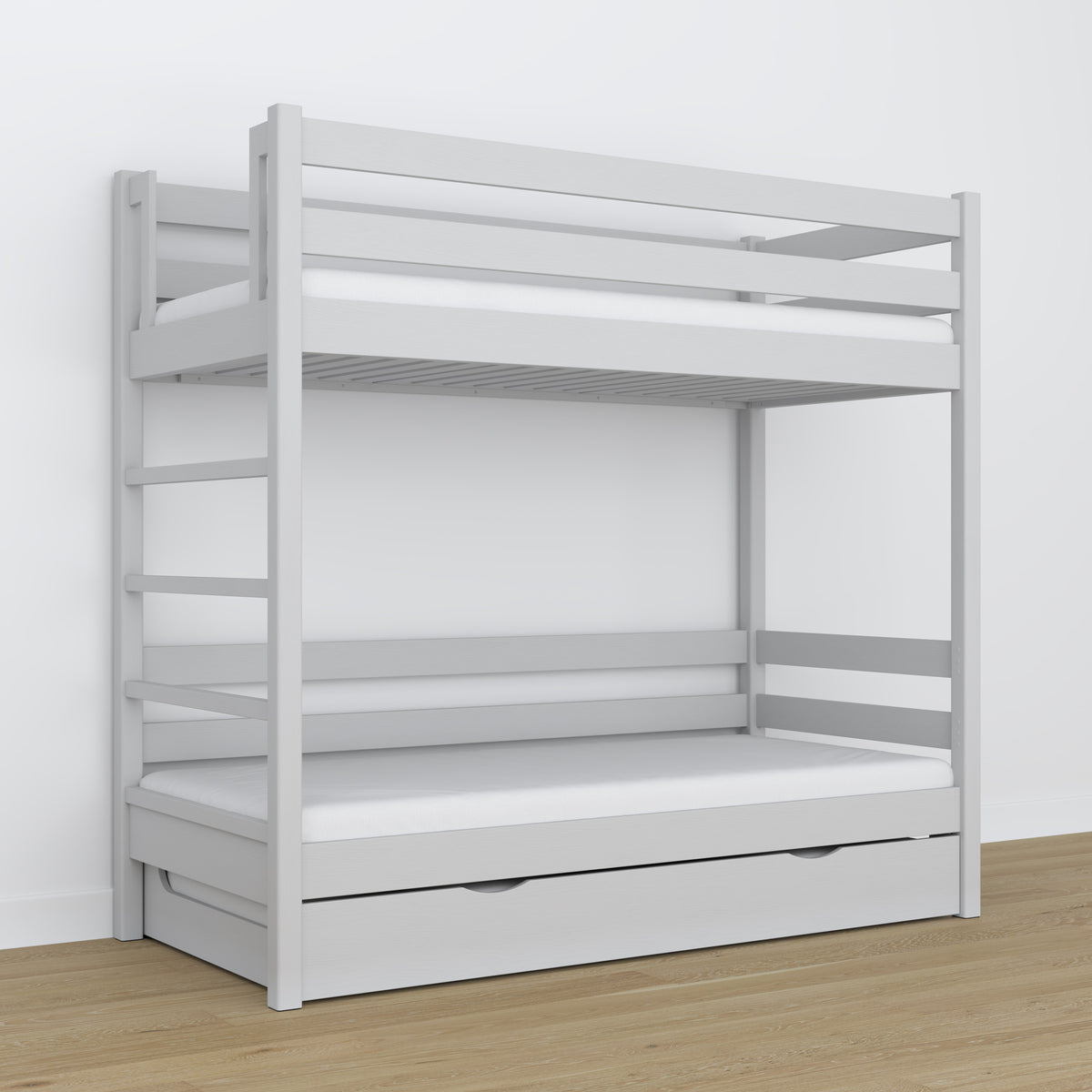 Lit superposé gris – sommier en bois à lattes, tiroir na matelas