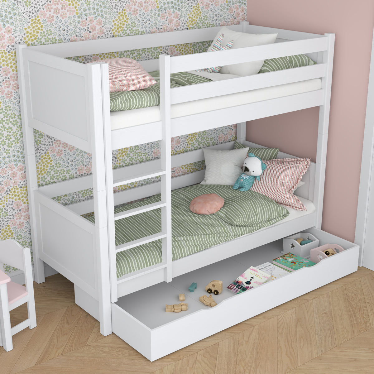 Lit superposé blanc pour enfants – dwie chambree i tiroir, en bois