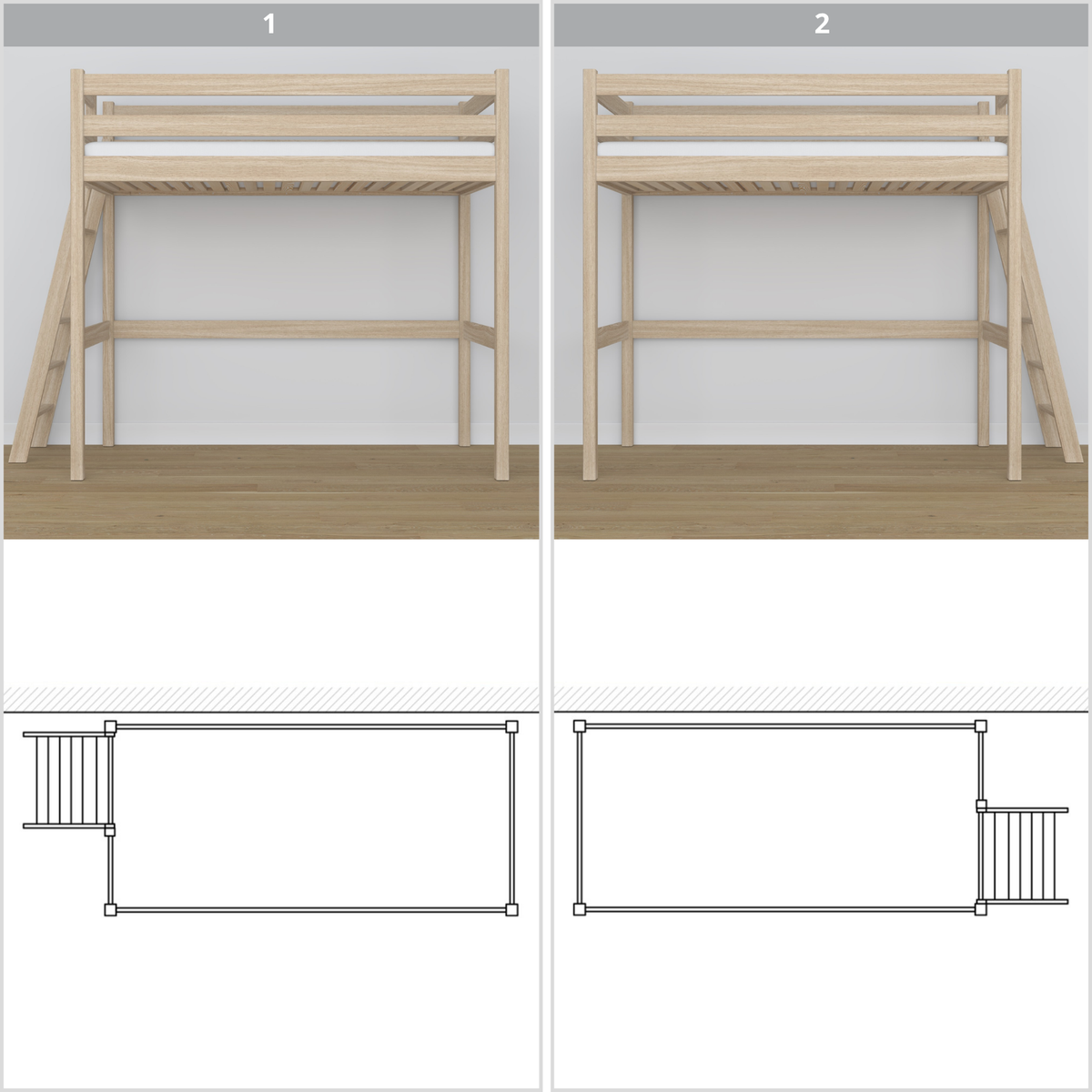 Lit mezzanine en chêne chêne blanchi – vue du dessus na espace couchage