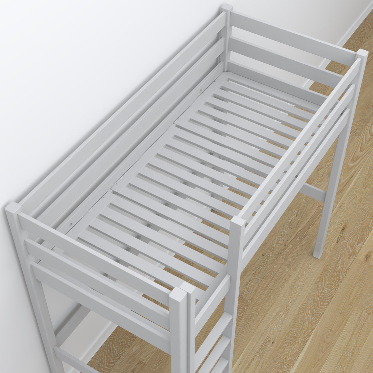 Lit mezzanine en bois gris – détails des assemblages et de l'échelle, Nizio Home