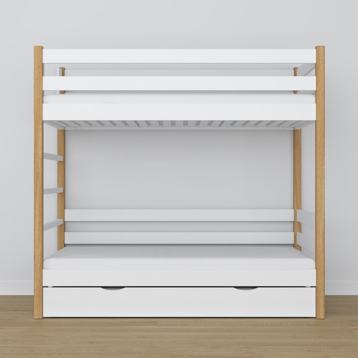 Lit superposé en bois blanc-chêne – intérieur du tiroir na matelas, chambre d'enfant