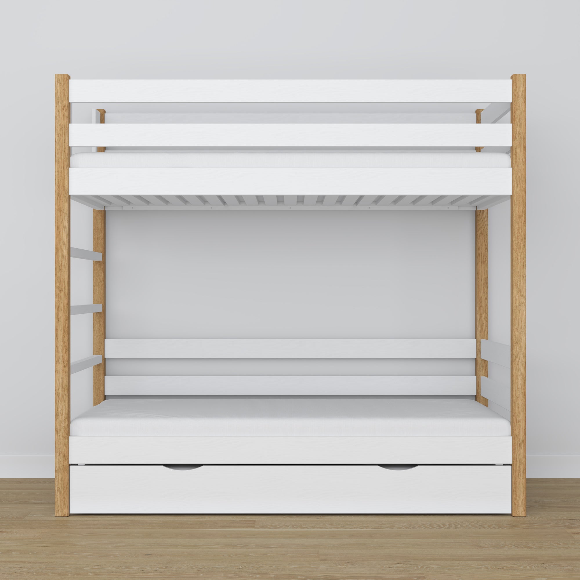 Lit superposé en bois blanc-chêne – intérieur du tiroir na matelas, chambre d'enfant