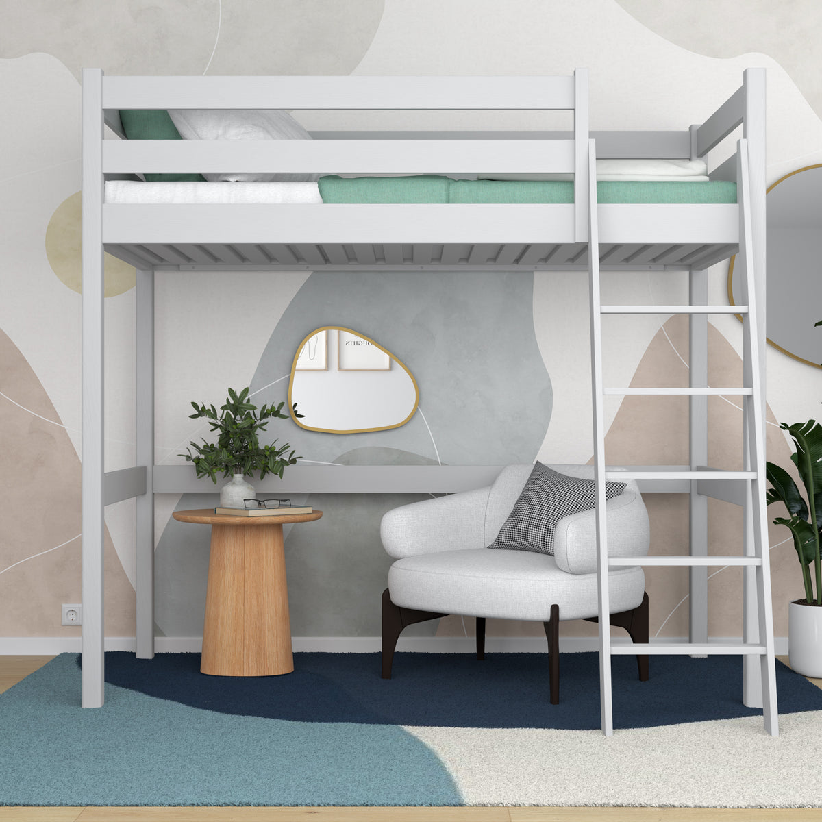 Lit mezzanine gris – échelle i barrière en bois, Nizio Home