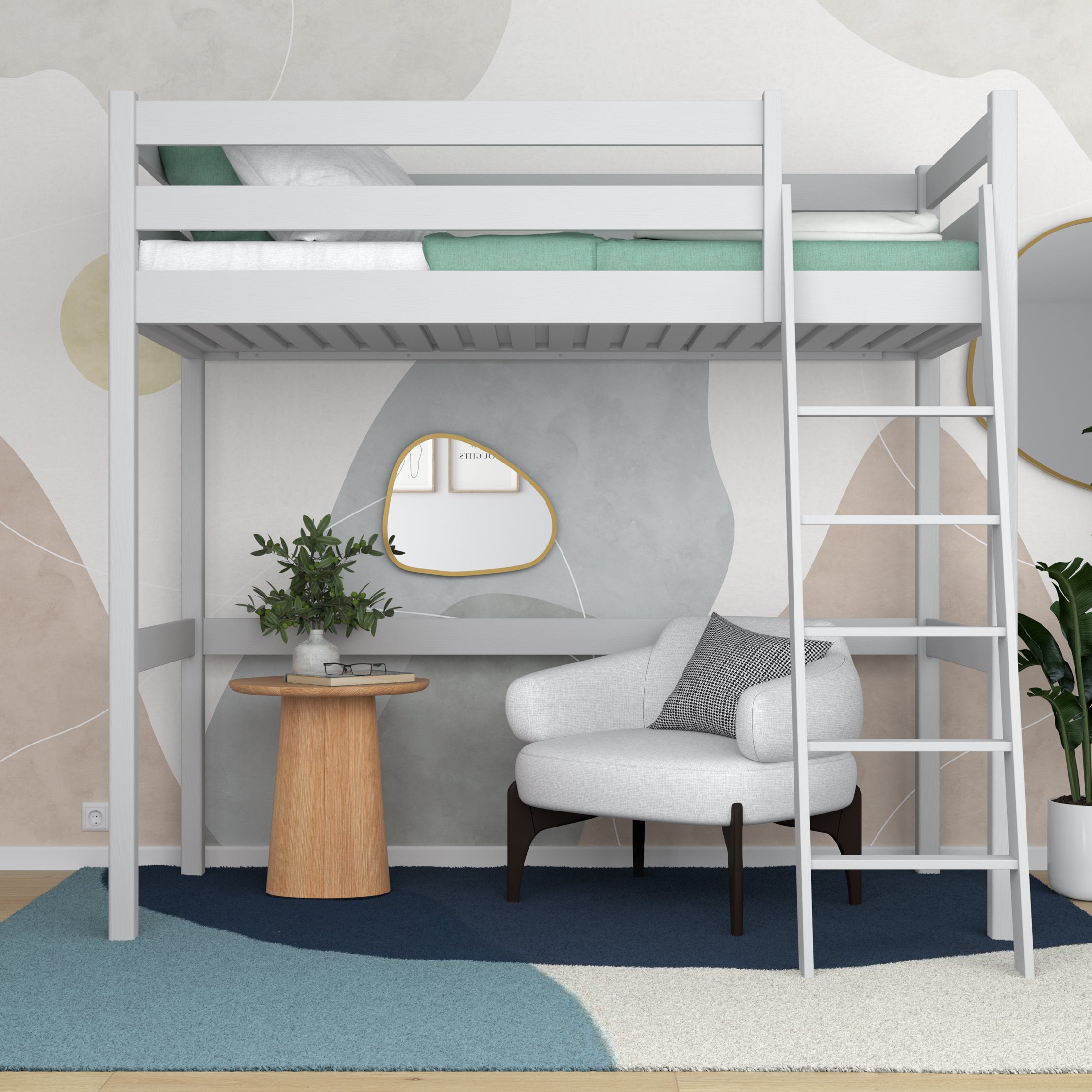 Lit mezzanine gris – échelle i barrière en bois, Nizio Home