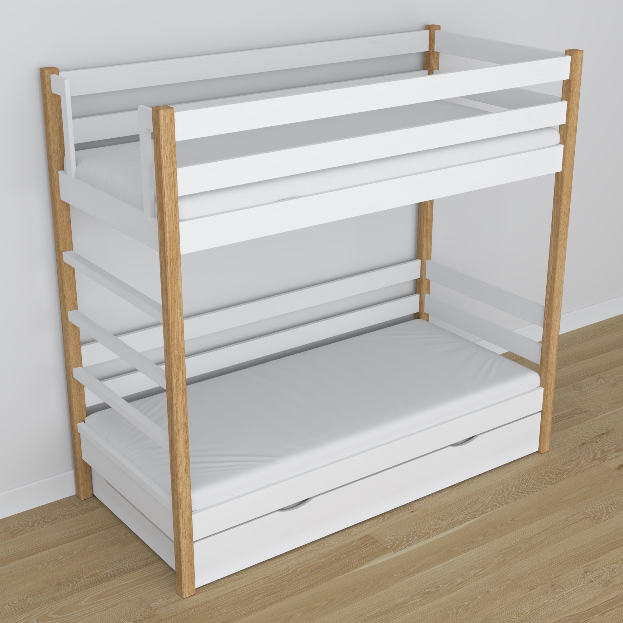 Lit superposé en bois blanc-chêne – dimensions et schéma z tiroir na matelas