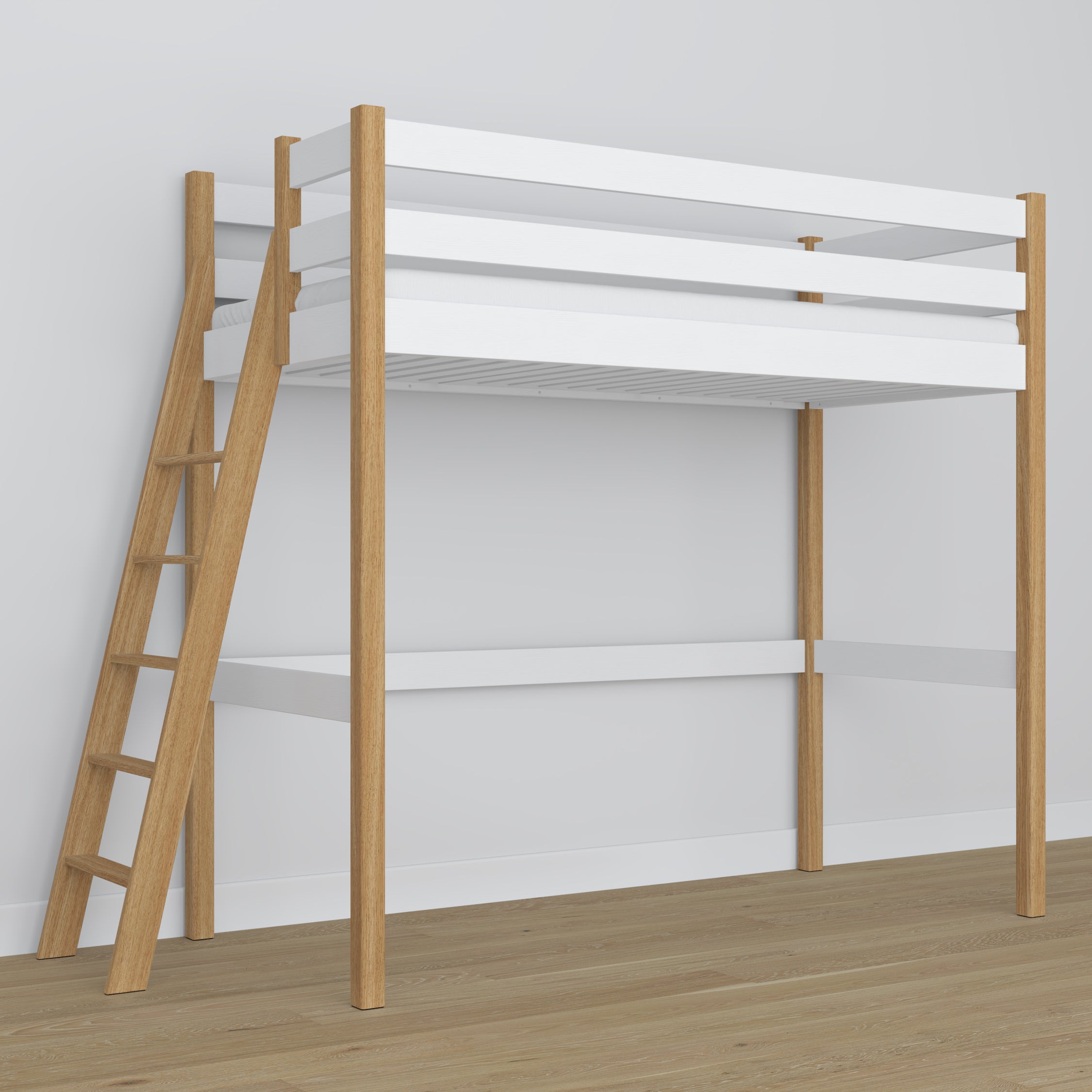 Lit mezzanine blanc-chêne en bois – vue du dessus na chambre