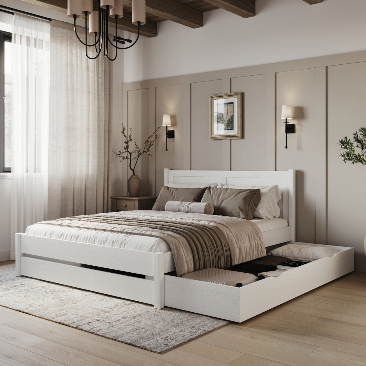 Lit double avec tiroir en bois blanc – tiroir ouvert, intérieur spacieux