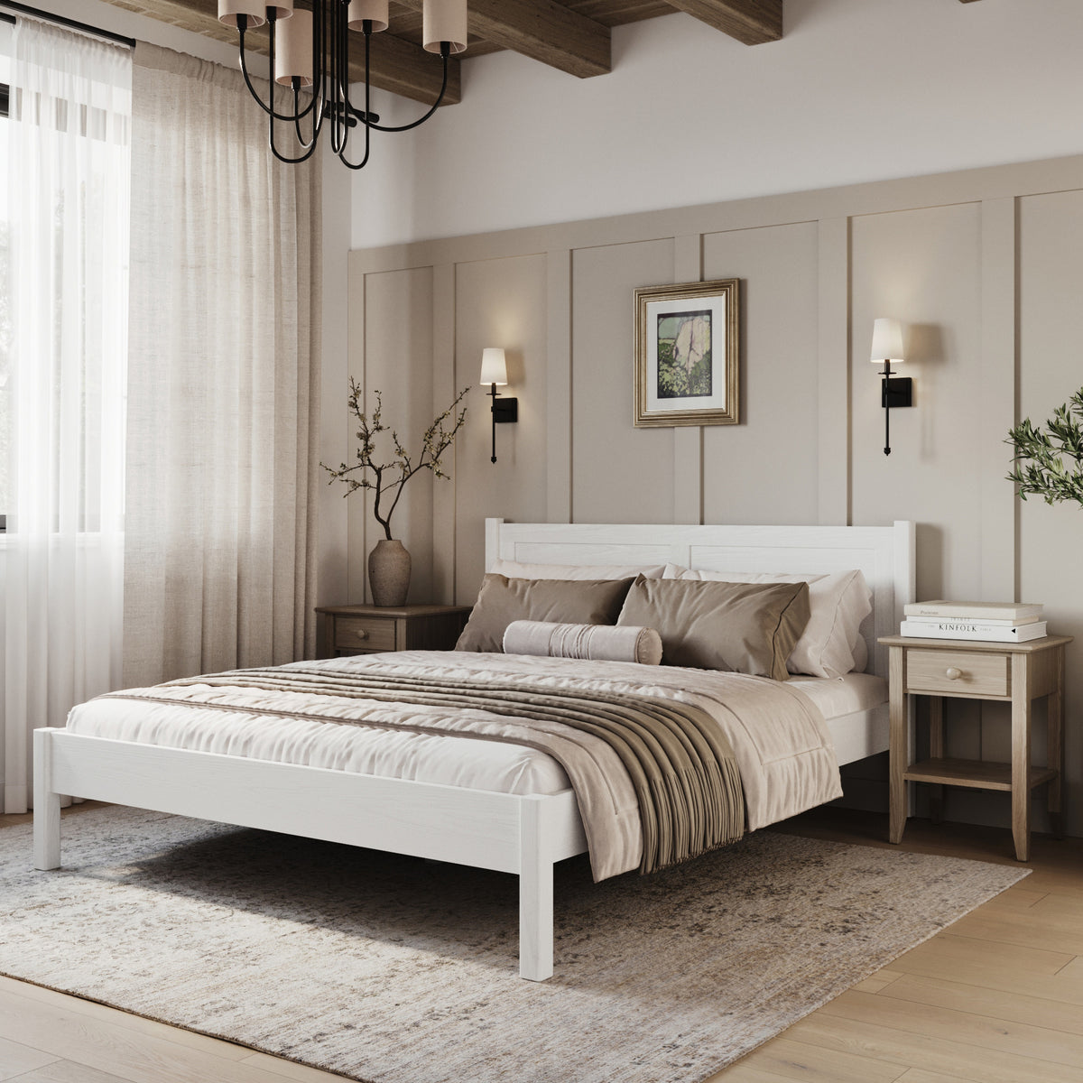 Lit double en bois blanc – vue de côté, proportions et forme, chambre