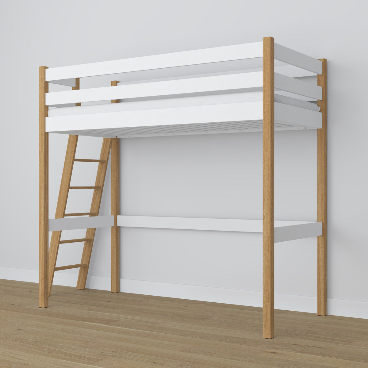 Lit mezzanine en bois blanc-chêne – espace libre sous la chambre, Nizio