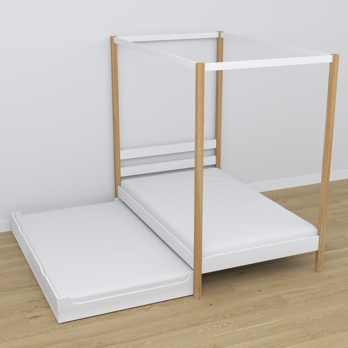 Wooden canopy bed white-oak – extended drawer, guest sleeping space