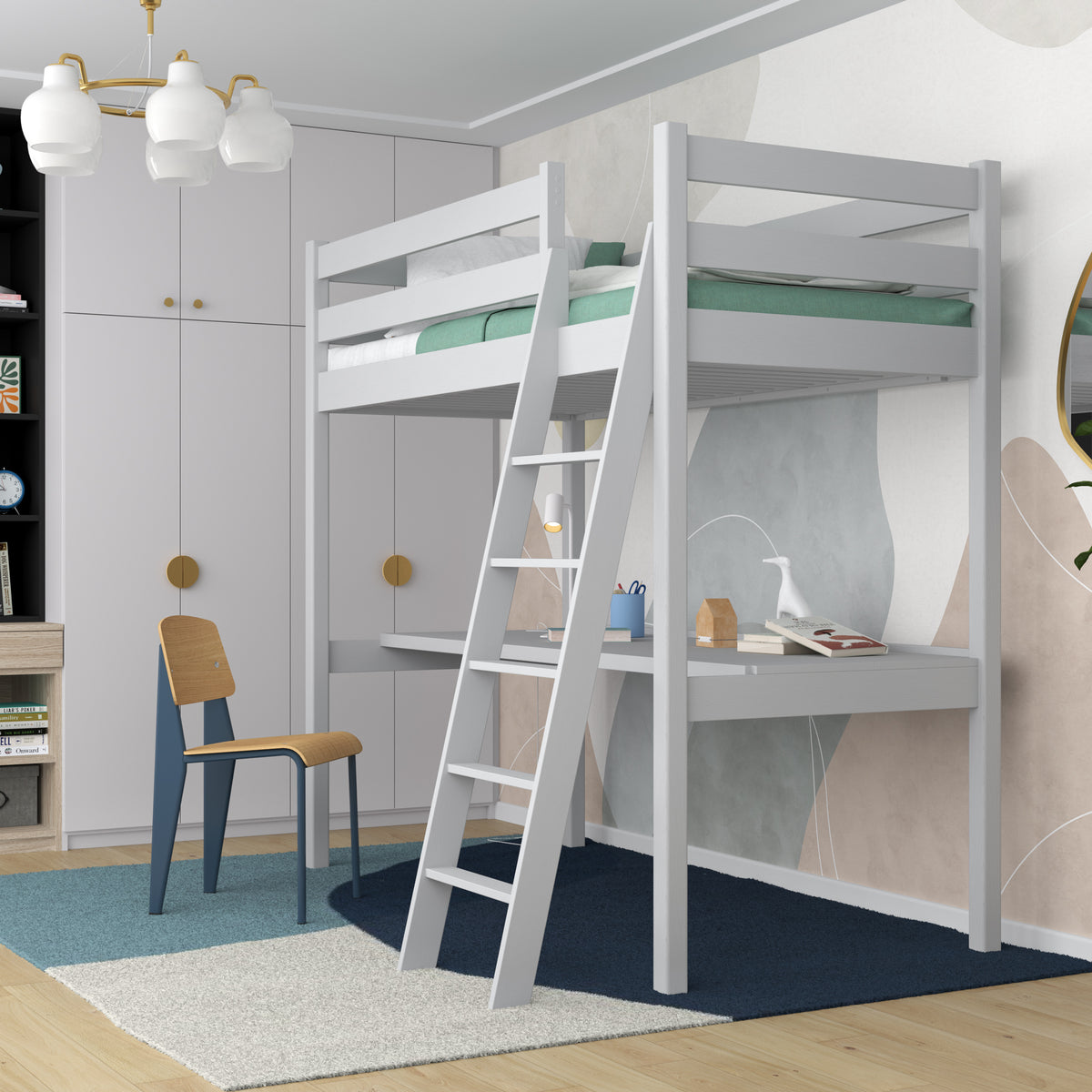 Lit mezzanine avec bureau en bois gris – échelle i barrière ochronna