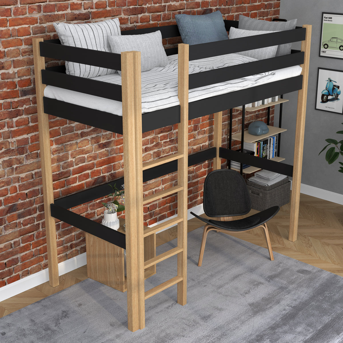 Lit mezzanine noir-chêne dans la chambre d'enfant – décoration scandinave, en bois