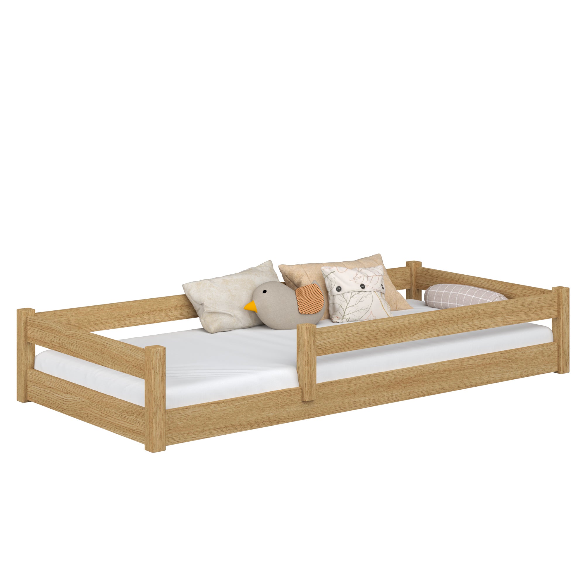 Lit bas en chêne chêne naturel – niska rama, vue de côté, chambre scandinave