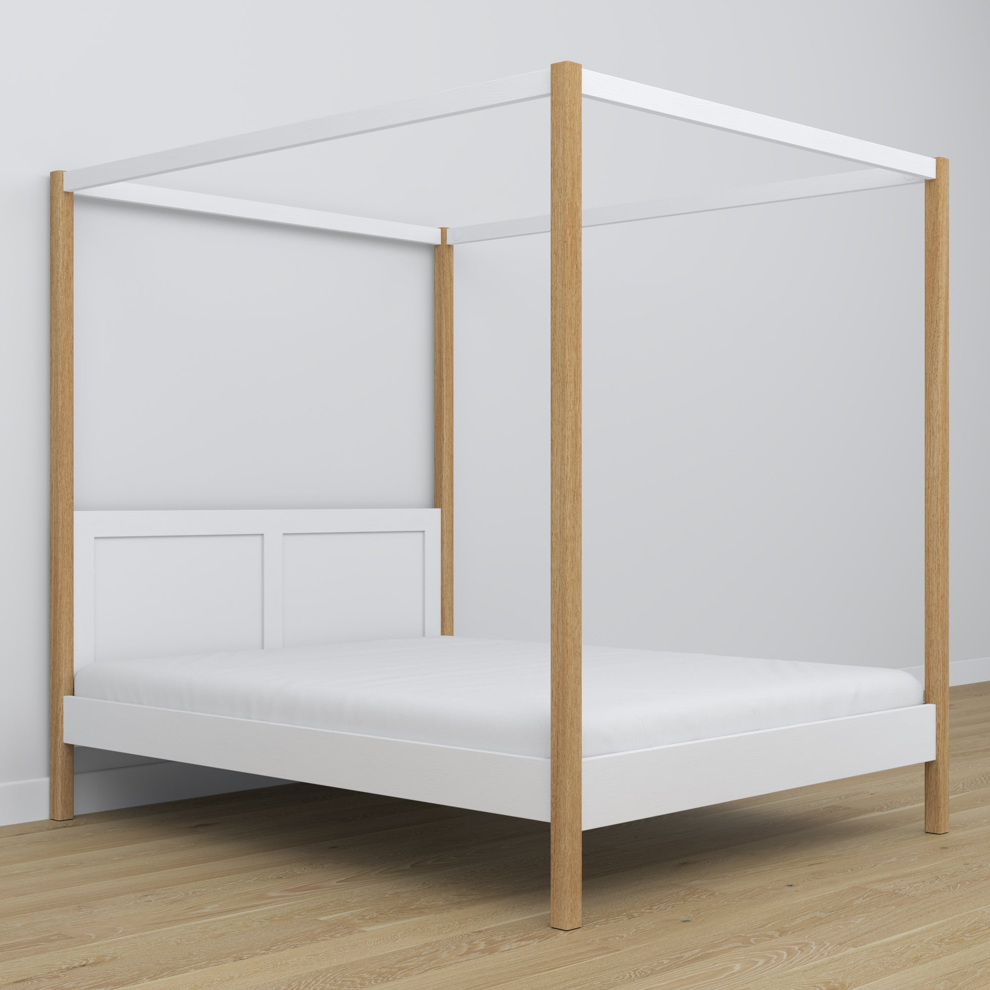 Lit double blanc-chêne avec baldaquin – cadre décoratif en bois, scandinave
