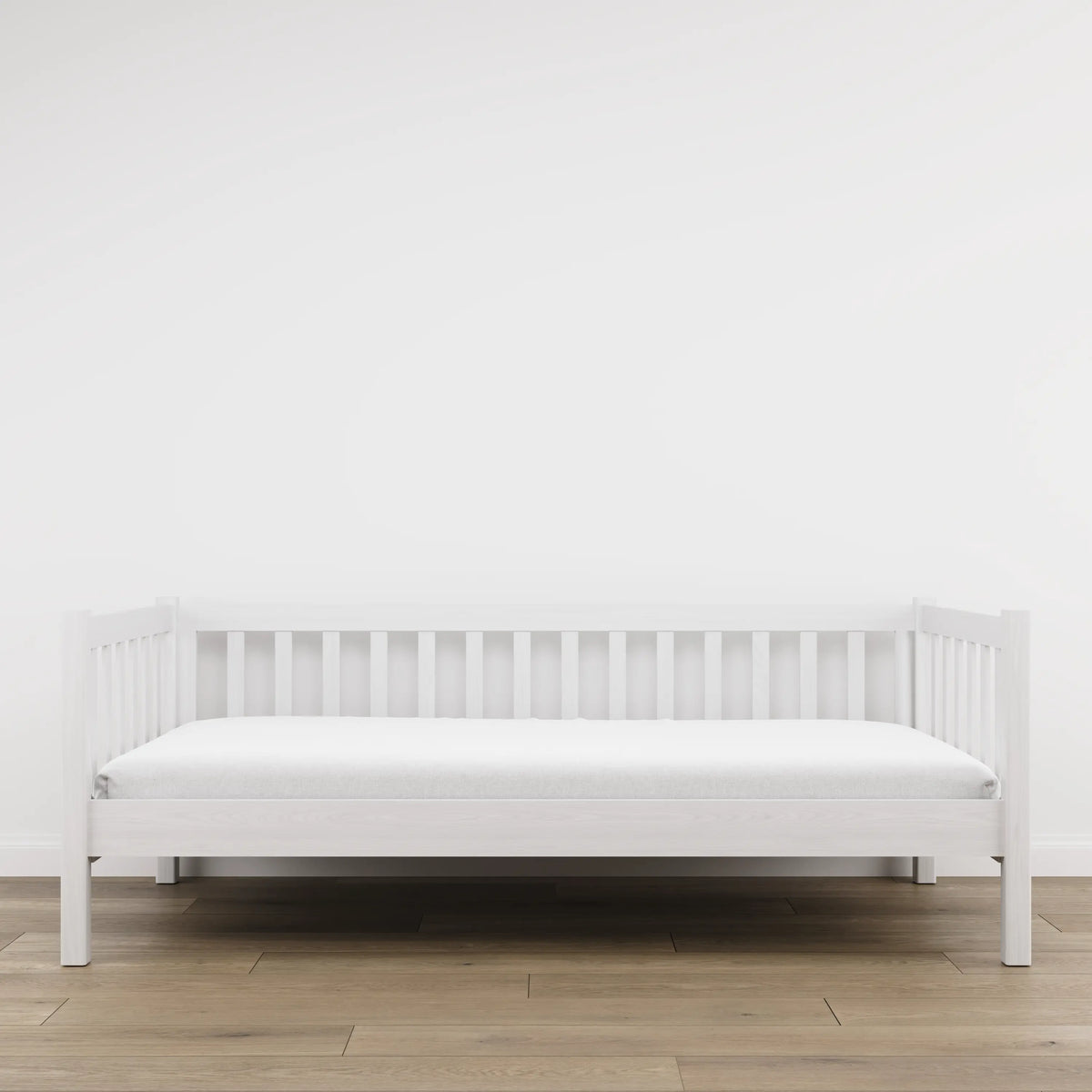 Sofa-lit en bois blanc – vue de côté, forme et proportions du meuble