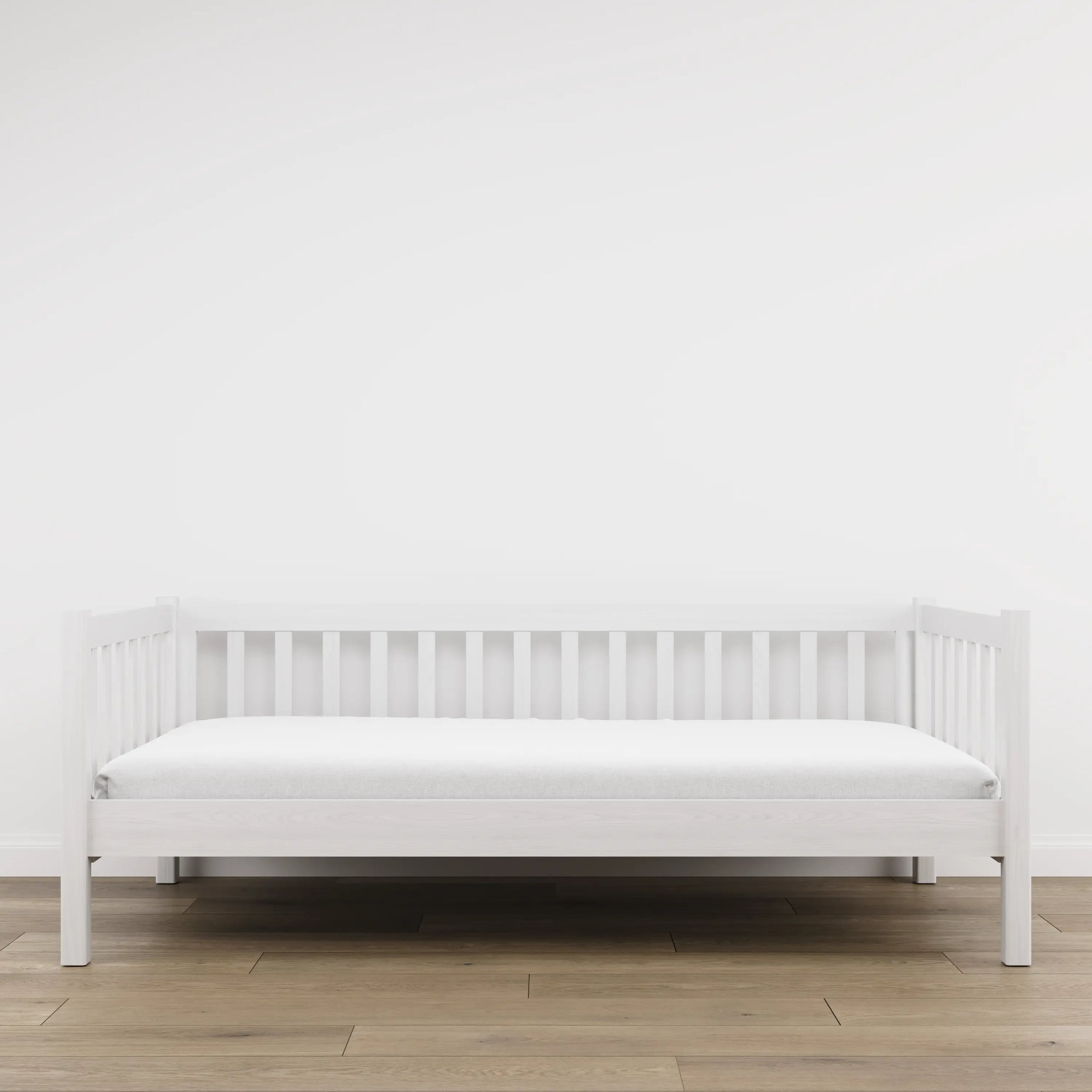 Sofa-lit en bois blanc – vue de côté, forme et proportions du meuble