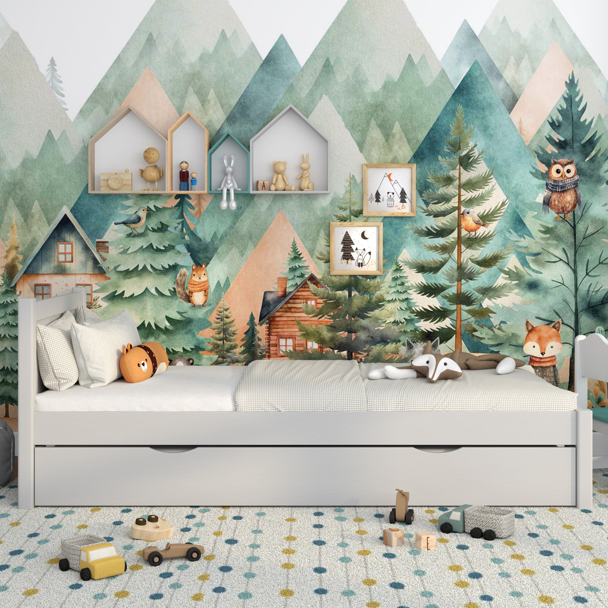 Lit gris z tiroir na matelas – vue de côté, en bois, Nizio Home