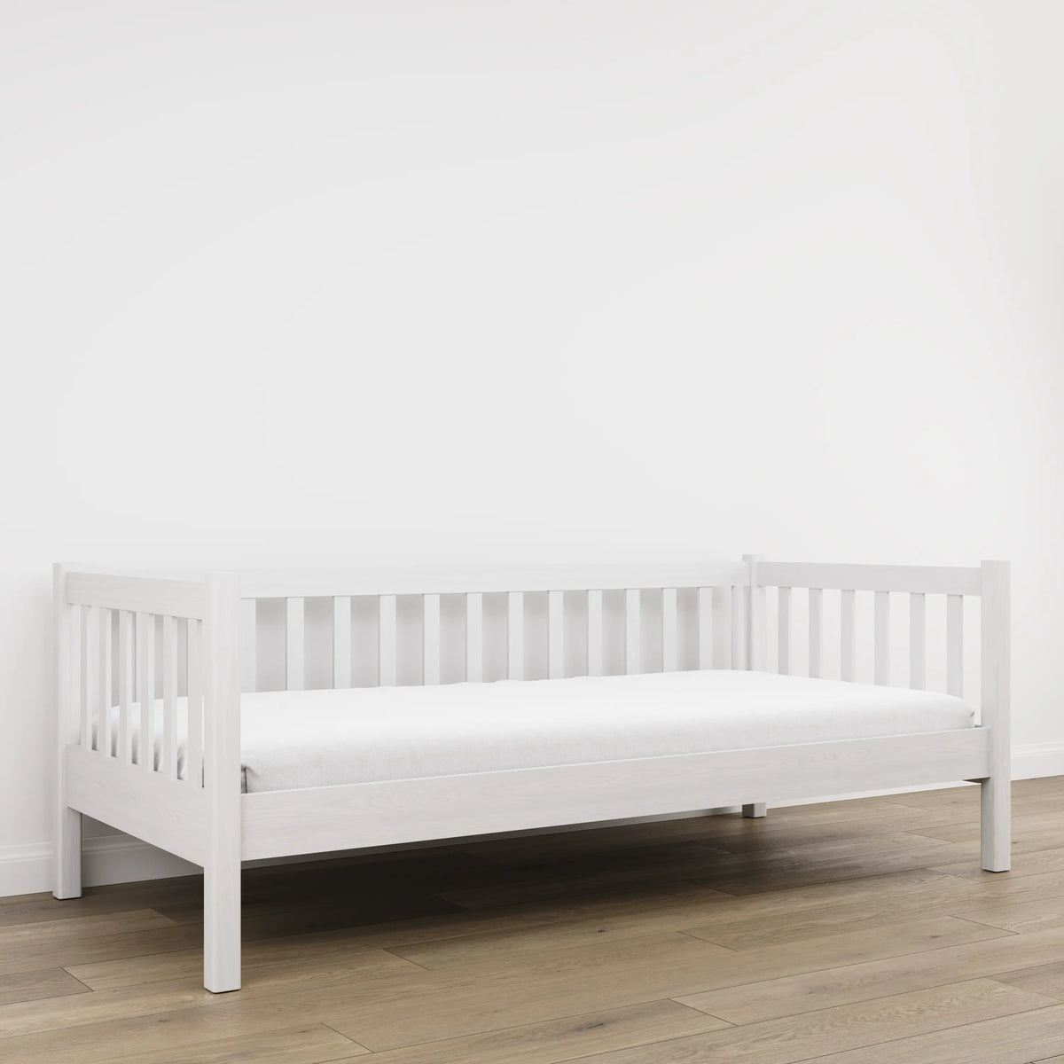 Sofa-lit blanc – barrière latérale en bois, sécurité pour les enfants