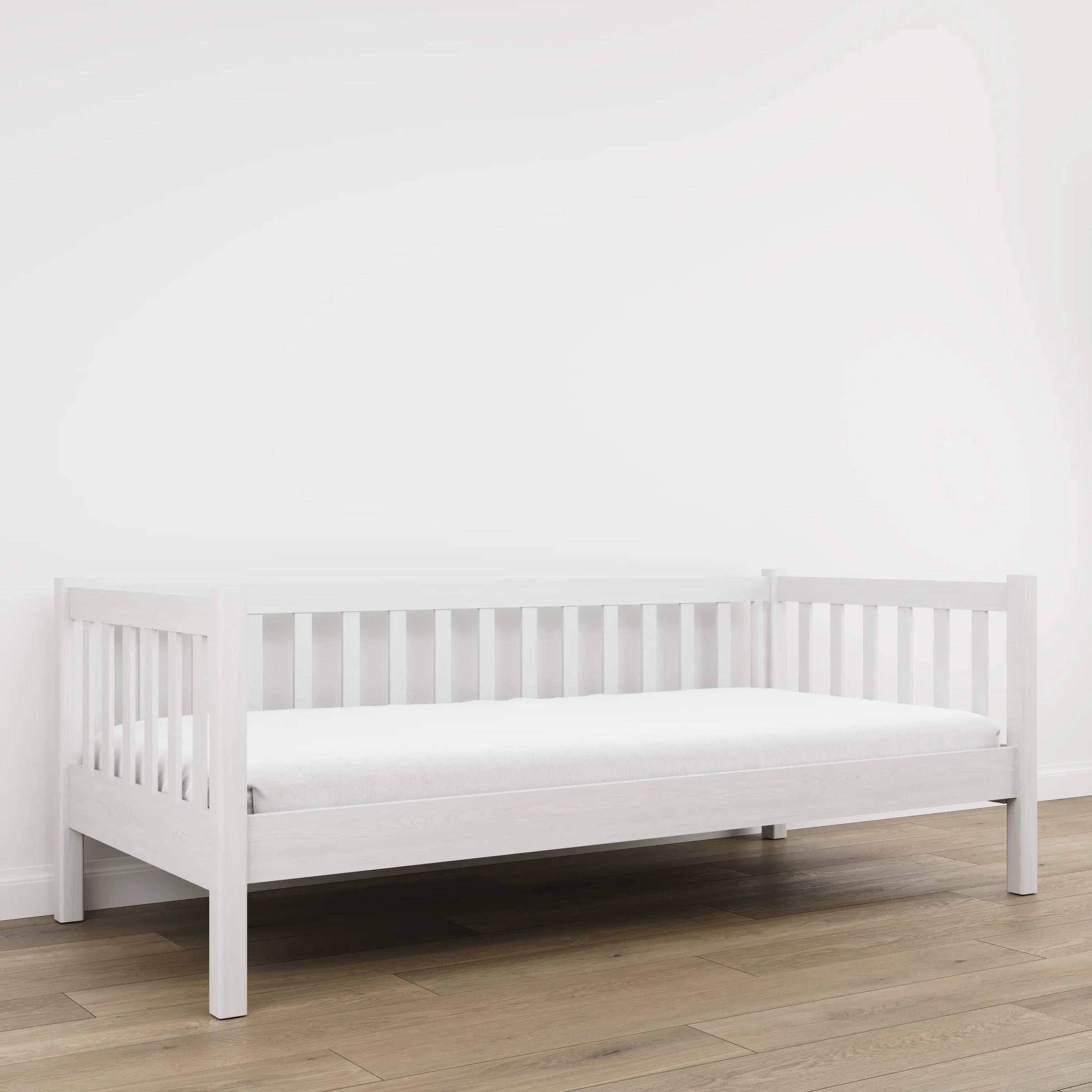 Sofa-lit blanc – barrière latérale en bois, sécurité pour les enfants
