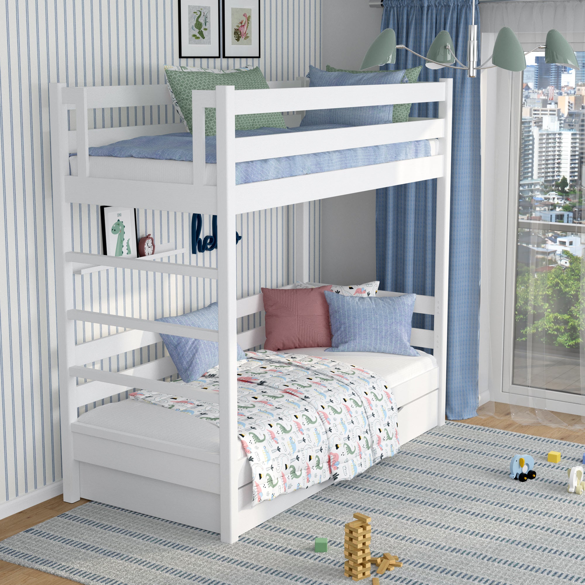 Lit superposé blanc pour enfants – dwie chambree i tiroir, en bois