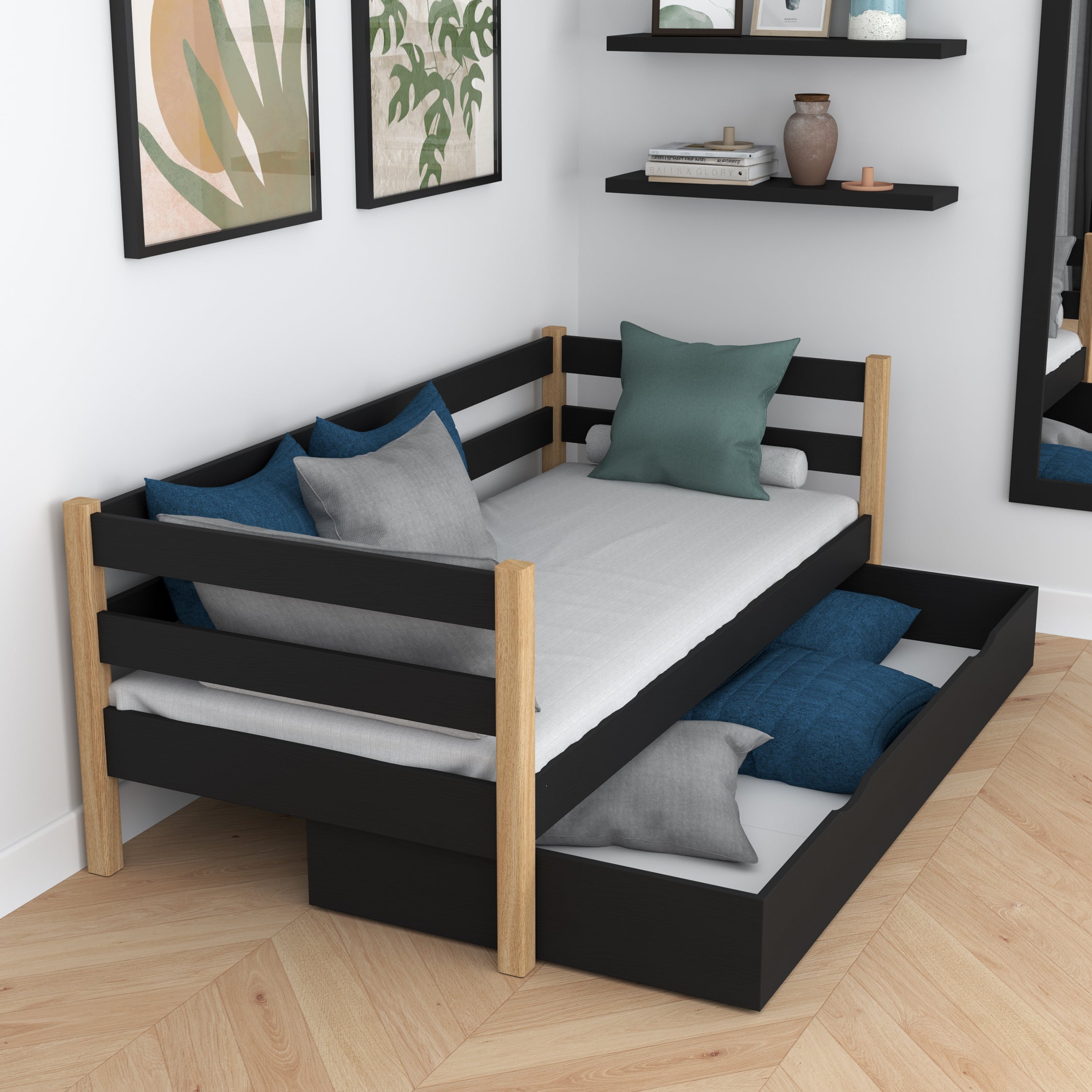 Sofa-lit noir-chêne z tiroir – rangement spacieux, en bois, Nizio